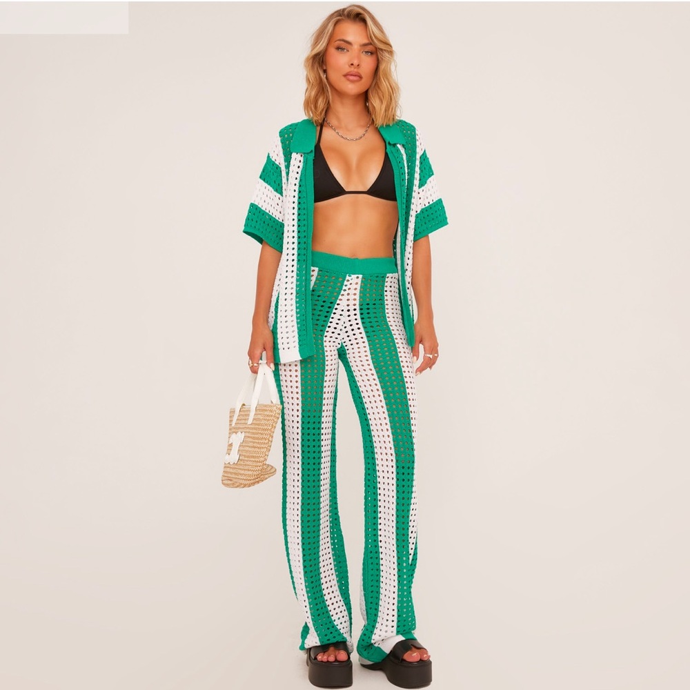 Ego Shoes High Waist Striped Crochet Pants Green & White Small